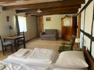 a bedroom with a bed and a chair and a desk at Agroturystyka Zacisze in Maciejowiec