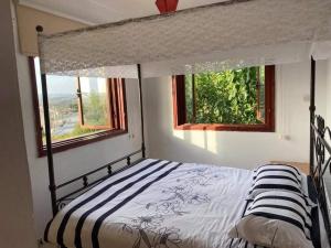 a bedroom with a canopy bed with two windows at Spring Of Life Forever in Amargeti