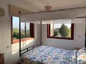 1 dormitorio con 1 cama y 2 ventanas en Spring Of Life Forever en Amargeti