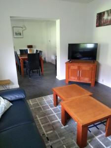 ein Wohnzimmer mit einem Sofa, einem TV und einem Tisch in der Unterkunft Haus Christoffel Wieda in Wieda