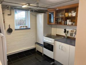 a small kitchen with a stove and a window at Ebeltoft-rooms in Ebeltoft