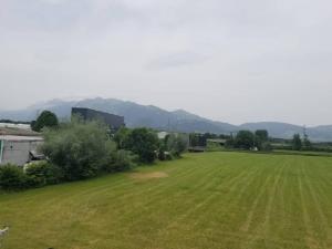 a large field of green grass with mountains in the background at Terrace Apartment in Klaus +3 photos