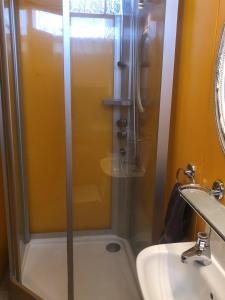 prysznic ze szklanymi drzwiami obok umywalki w obiekcie Guesthouse Langafit w mieście Laugarbakki