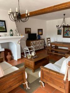 a living room with wooden furniture and a fireplace at Courela do Salgueiro in Carocha