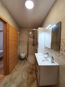 łazienka z umywalką, prysznicem i toaletą w obiekcie Villa Vetta, sea, nature, pool & relax w mieście Barban +20 zdjęć