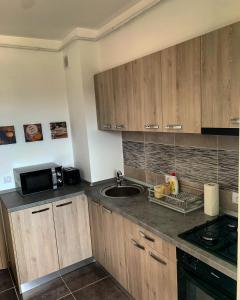 a kitchen with wooden cabinets and a sink at Conest Vision Studio in Iaşi +8 photos