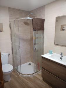Valcovero的住宿－Casa El Pastor，带淋浴、卫生间和盥洗盆的浴室