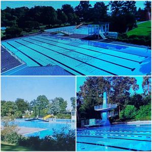 a collage of three pictures of a swimming pool at Apartment de luxe 73 qm mit 3 Zimmer und Terrasse in Einhausen