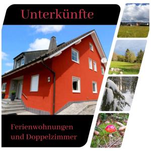 eine Collage mit Bildern eines roten Hauses in der Unterkunft Lindner Ferienwohnungen und Doppelzimmer in Fichtelberg