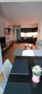 巴德小基希海姆的住宿－Lisa apartman Bad Kleinkirchheim，客厅配有沙发和桌子