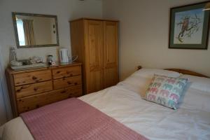 a bedroom with a bed with a dresser and a mirror at The Nurseries Bed and Breakfast Fairford in Fairford