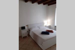 een slaapkamer met een wit bed met een blauwe tas erop bij Casa vacanza Jacopo in Bergamo