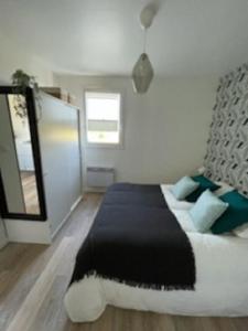 a bedroom with a large bed and a mirror at A 300m de la plage, appartement moderne et cosy in Merville-Franceville-Plage
