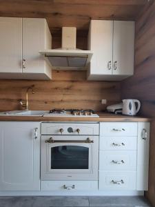 a kitchen with white cabinets and an oven at Apartment Sara in Umag