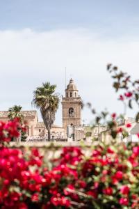 budynek z wieżą zegarową w tle z różowymi kwiatami w obiekcie Can Sull w mieście Caʼs Concos