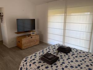 Dormitorio con cama y tocador con TV en Cottage del fiume, en Ragogna