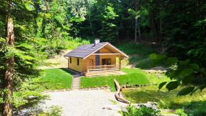 a small cabin in the middle of a forest at Bieszczady Domek Nad Stawem in Lesko