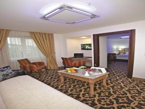 イスタンブールにあるザ シティ ホテルのベッドとリビングルームが備わるホテルルームです。