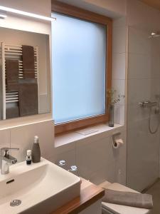 uma casa de banho com um lavatório, um espelho e um chuveiro em Ferienwohnung Schnepfau 24 em Schnepfau