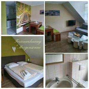 four pictures of a room with a bed and a bathroom at Lindner Ferienwohnungen und Doppelzimmer in Fichtelberg
