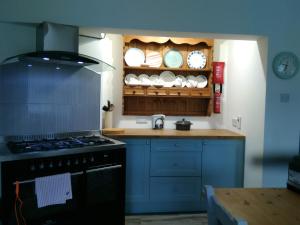 een keuken met blauwe kasten, een fornuis en borden bij 43 Reidhlean Clifden Glen in Galway