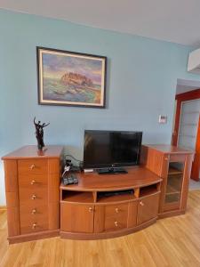 a wooden desk with a television on top of it at Plava Vila Beach Apartments Sveti Stefan in Sveti Stefan