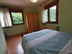 a bedroom with a bed and two windows at Gîte Saint Ludan in Rombach-le-Franc