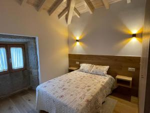 a bedroom with a bed and two windows at CASA DA ESCOLA in Lobios +17 photos