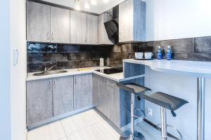 a kitchen with gray cabinets and a sink at Villa Pacyfic in Krynica Morska