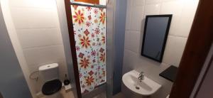 a bathroom with a sink and a toilet and a mirror at Albergue La Costana in Oviedo +26 photos