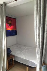 豐羅默奧代洛維亞的住宿－Appartement 604 avec vue sur la vallée de la Cerdagne，一张小床,位于带窗帘的房间