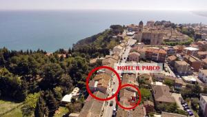 an aerial view of a hotel in pazar with a red circle at Hotel "Il Parco" B&B Sirolo in Sirolo
