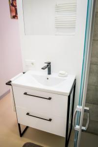 a bathroom with a white sink and a mirror at Apartment near the river with it's own entrance in Līgatne