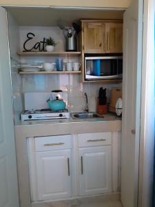 a small kitchen with a stove and a microwave at Clarke's Luxurious Private Suite in Spanish Town