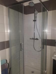 La salle de bains est pourvue d'une douche avec une porte en verre. dans l'établissement Residence d'Anjou - Grand studio avec balcon et parking privatif, à Perpignan