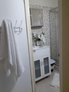 W łazience znajduje się umywalka, toaleta i lustro. w obiekcie Clarke's Luxurious Private Suite w mieście Spanish Town