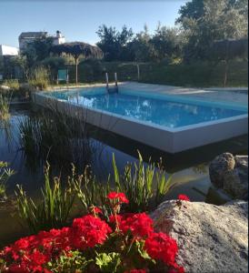 una piscina con flores rojas delante de ella en Monte das Mariolas en Castelo de Vide
