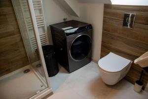 a bathroom with a washing machine and a toilet at l'Atelier du menuisier in Amboise