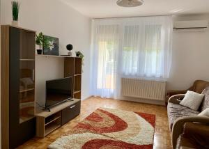 salon z telewizorem i kanapą w obiekcie Anita Apartman w Hajduszoboszlo