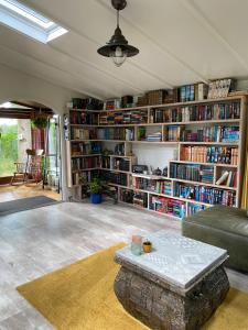 een woonkamer met een bank en boekenplanken bij Chalet de kleine Eekhoorn in Lage Mierde