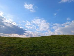 a green grassy hill with a blue sky and clouds at Dom na Mazurach z Widokiem Na Las in Jedwabno