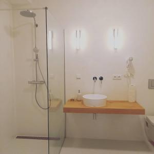 uma casa de banho com uma cabina de duche em vidro e um lavatório. em Hotel Svambersky dum em Český Krumlov