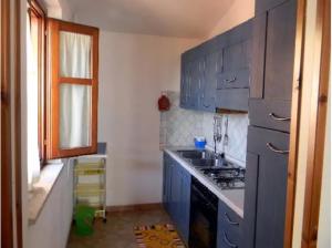 a blue kitchen with a sink and a stove at Casa Cala Luna in Santa Maria Navarrese