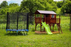 a playground with a house and a slide at Casa pe Valea Hartibaciului(Bărcuț) in Bărcuţ