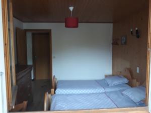um quarto com uma cama grande e um tecto vermelho em Les Granges em La Clusaz