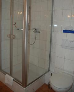 y baño con ducha y aseo. en Hotel Sonne - Haus 2, en Idstein