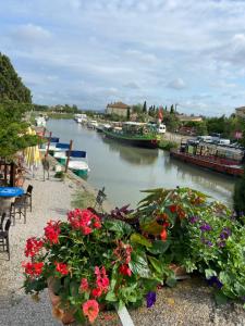 a river with flowers and boats in the water at Blue Diamond Room in Salles-dʼAude
