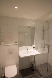 La salle de bains est pourvue de toilettes, d'un lavabo et d'une douche. dans l'établissement Sandnessjøen Overnatting, à Sandnessjøen