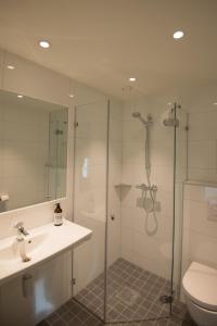 uma casa de banho com um chuveiro, um lavatório e um WC. em Sandnessjøen Overnatting em Sandnessjøen