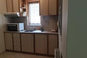 eine kleine Küche mit einer Spüle und einer Mikrowelle in der Unterkunft Κεντρικό στούντιο 250m σχεδόν από την παράλια. in Volos